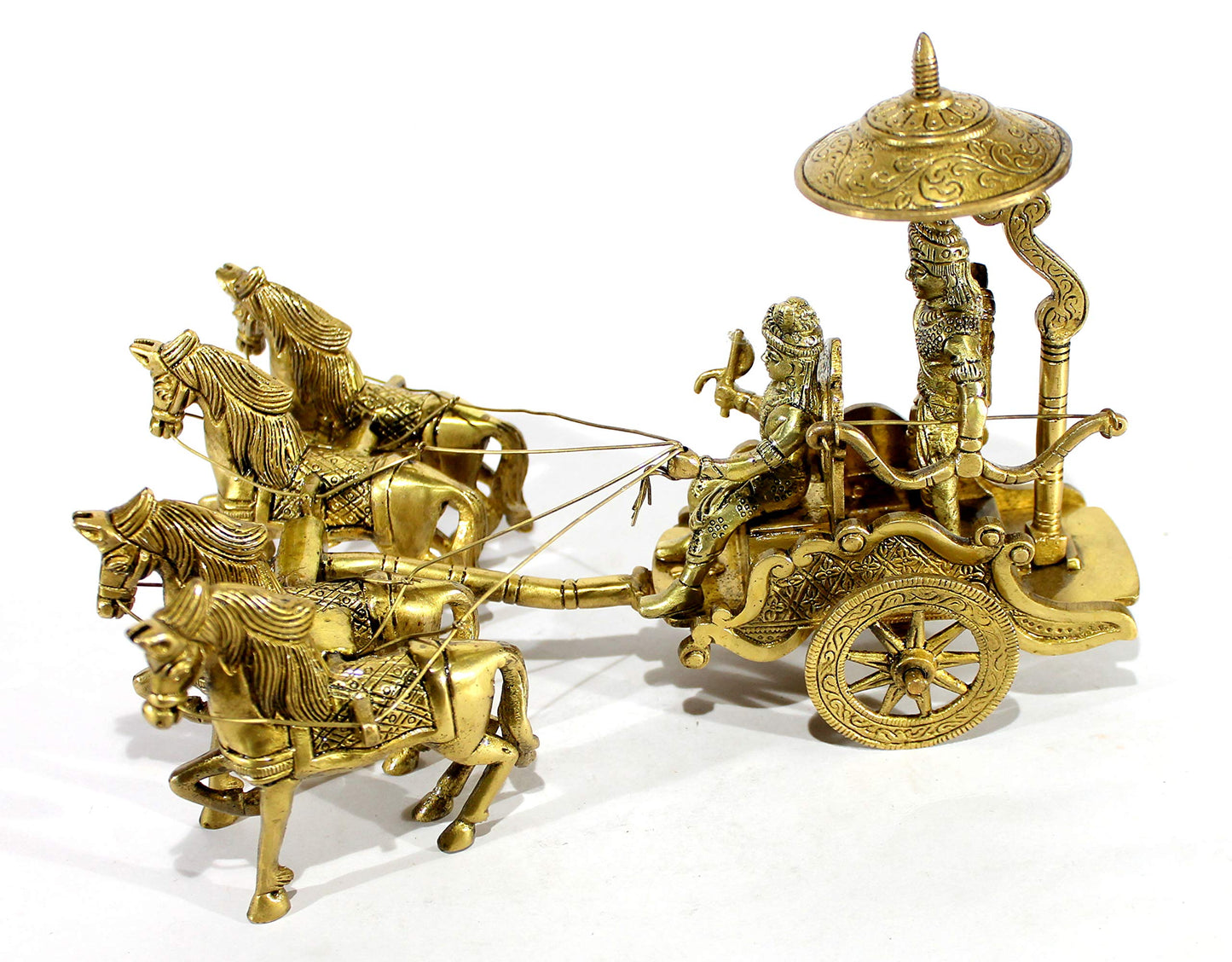 eSplanade Brass Krishna Arjuna Rath Chariot Horses Showpiece | Home Decor | Krishna Arjun Updesh | Gita Saransh (2 Horse Rath)