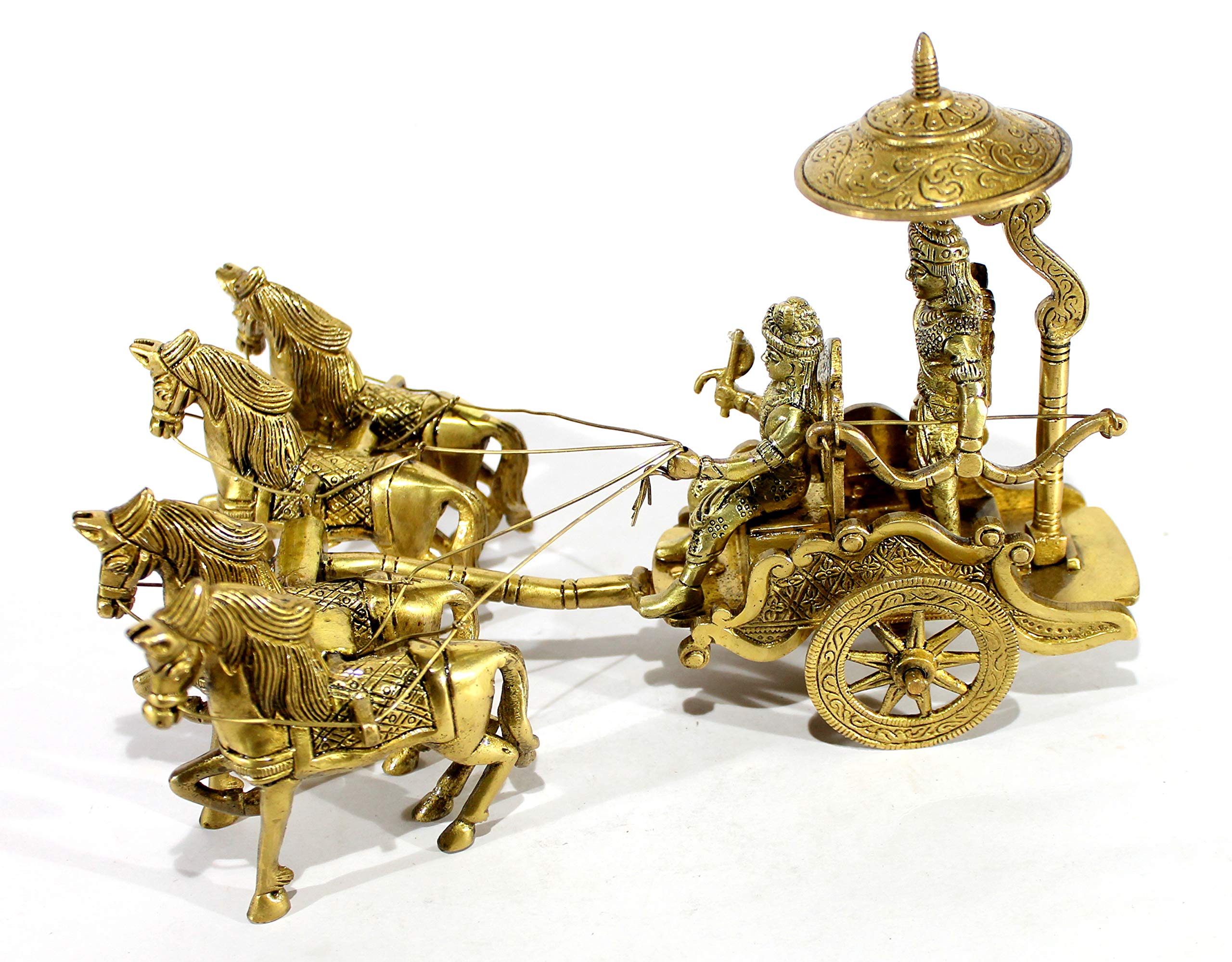 eSplanade Brass Krishna Arjuna Rath Chariot Horses Showpiece | Home Decor | Krishna Arjun Updesh | Gita Saransh (2 & 4 Horse Rath)