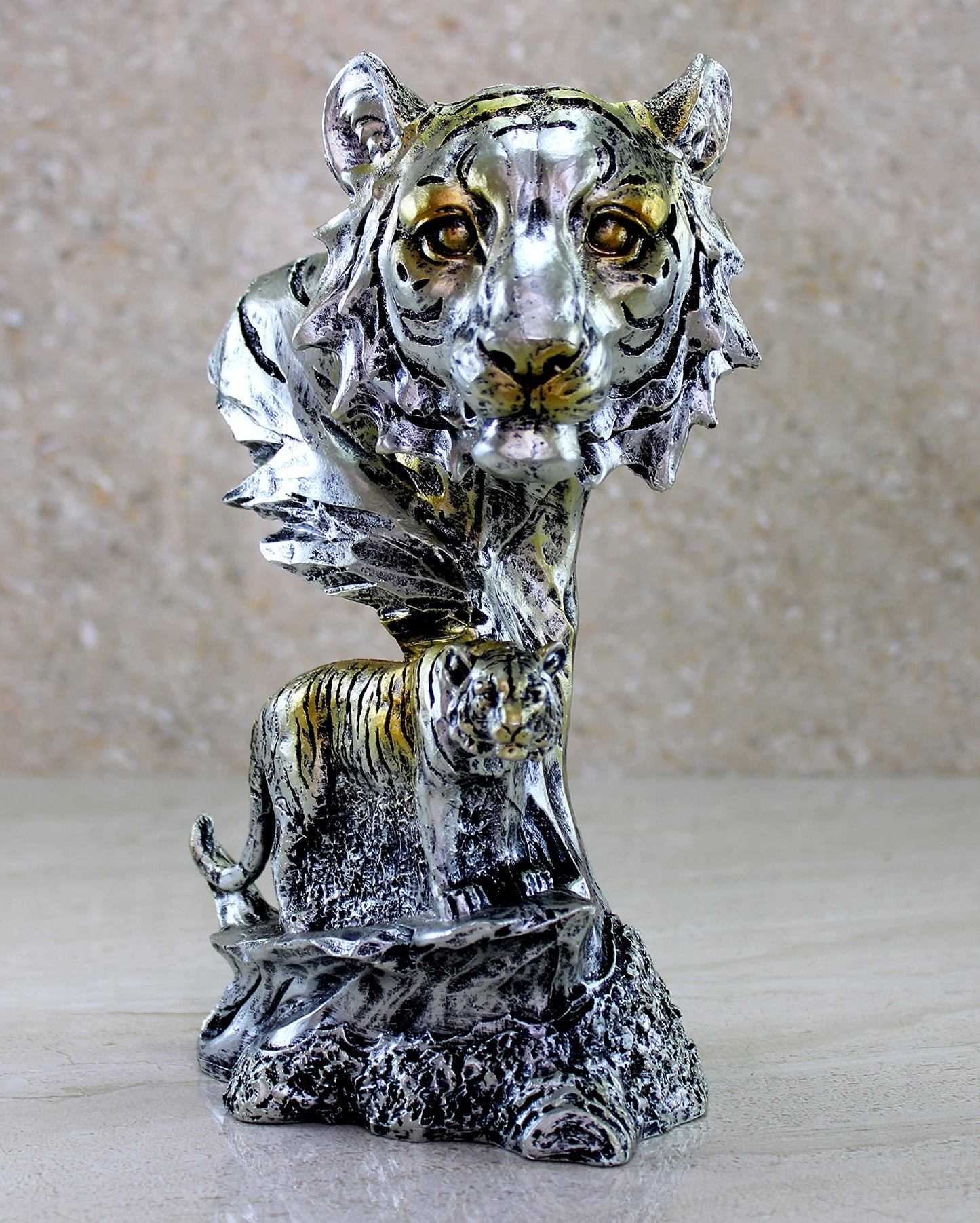 eSplanade Resin Tiger Face with Standing Tiger Sculpture Statue Figurine Showpiece | Statement Decorative Item Home Decor - Grey - 9" Inches