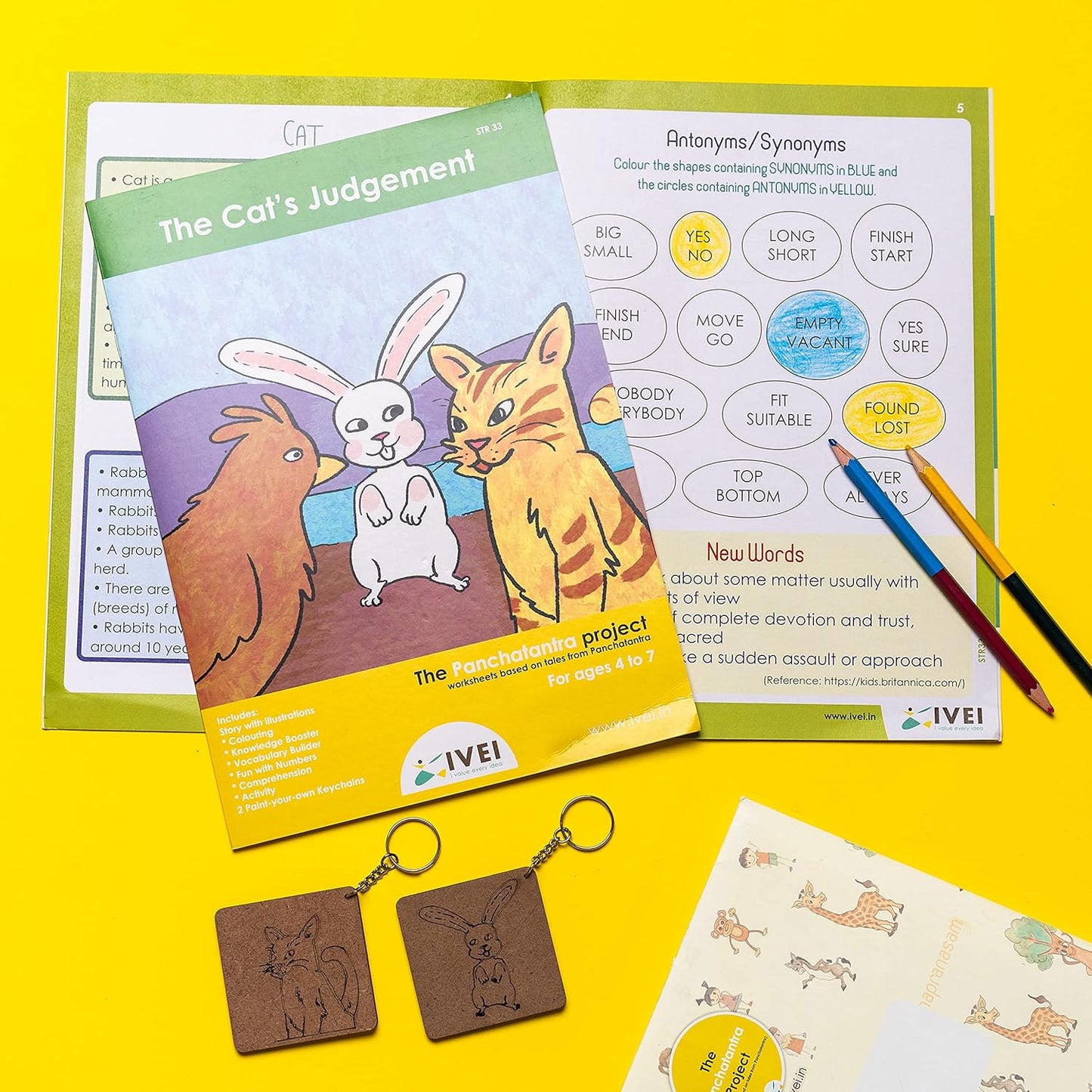 IVEI Panchatantra Story Kids Learning Book - Workbook and 2 DIY Keychains - Colouring Activity Worksheets - Creative Fun Activity and Education for Kids - The Cat's Judgement (Age 4 to 7 Years)