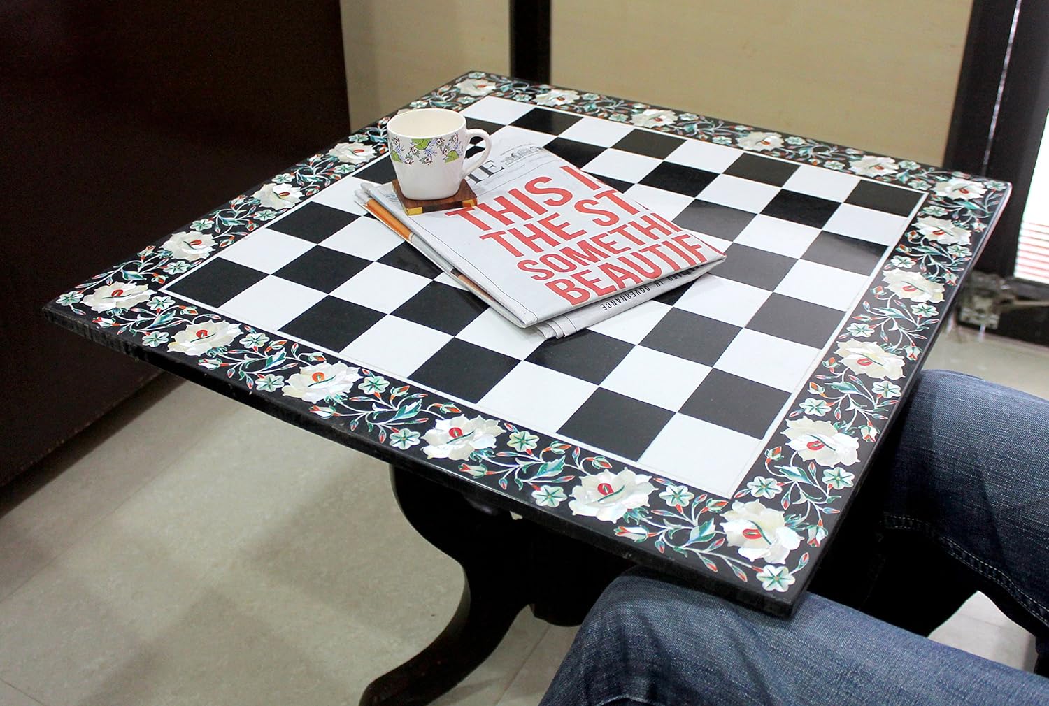 StonKraft Collectible Black & White Marble Stone Chess Board Set + Wood Crafted Pieces - Coffee Table Centre Table Top Without Stand - Pietra Dura Inlay Work - 24" Inches