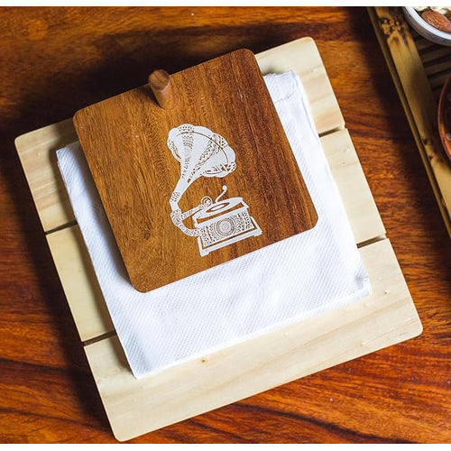 Esplanade Wooden Tissue Holder – Gramophone Print Tissue Paper Holder - Smart Napkin Holder - Antique Handcrafted Decorative Wooden Holder - Tissue Holder for Table Office and Home