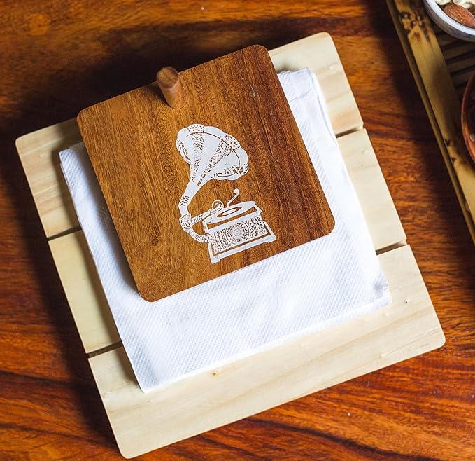 Esplanade Wooden Tissue Holder – Gramophone Print Tissue Paper Holder - Smart Napkin Holder - Antique Handcrafted Decorative Wooden Holder - Tissue Holder for Table Office and Home