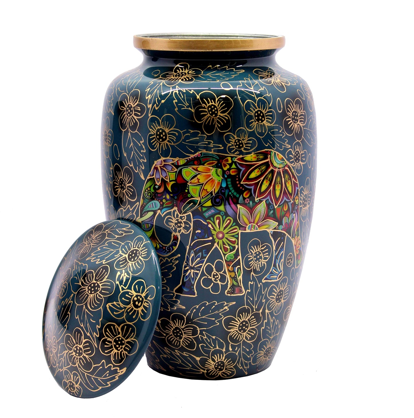 eSplanade Metal Cremation Urn Memorial Jar Pot Container | Full Size Urn for Funeral Ashes Burial | Elephant and Flowers Printed Metal Urn | Blue-Multi - 10" Inches