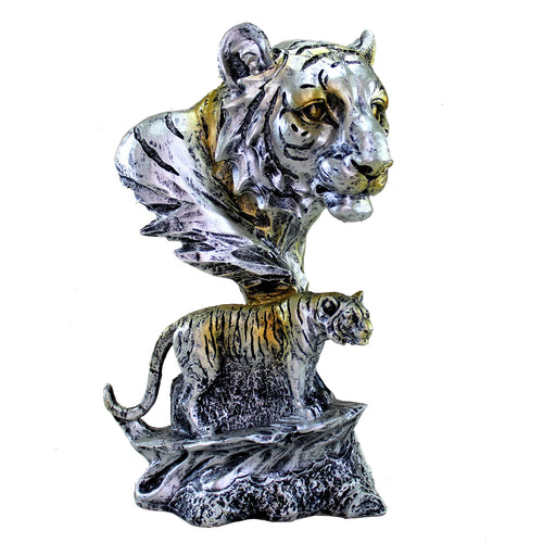 eSplanade Resin Tiger Face with Standing Tiger Sculpture Statue Figurine Showpiece | Statement Decorative Item Home Decor - Grey - 9