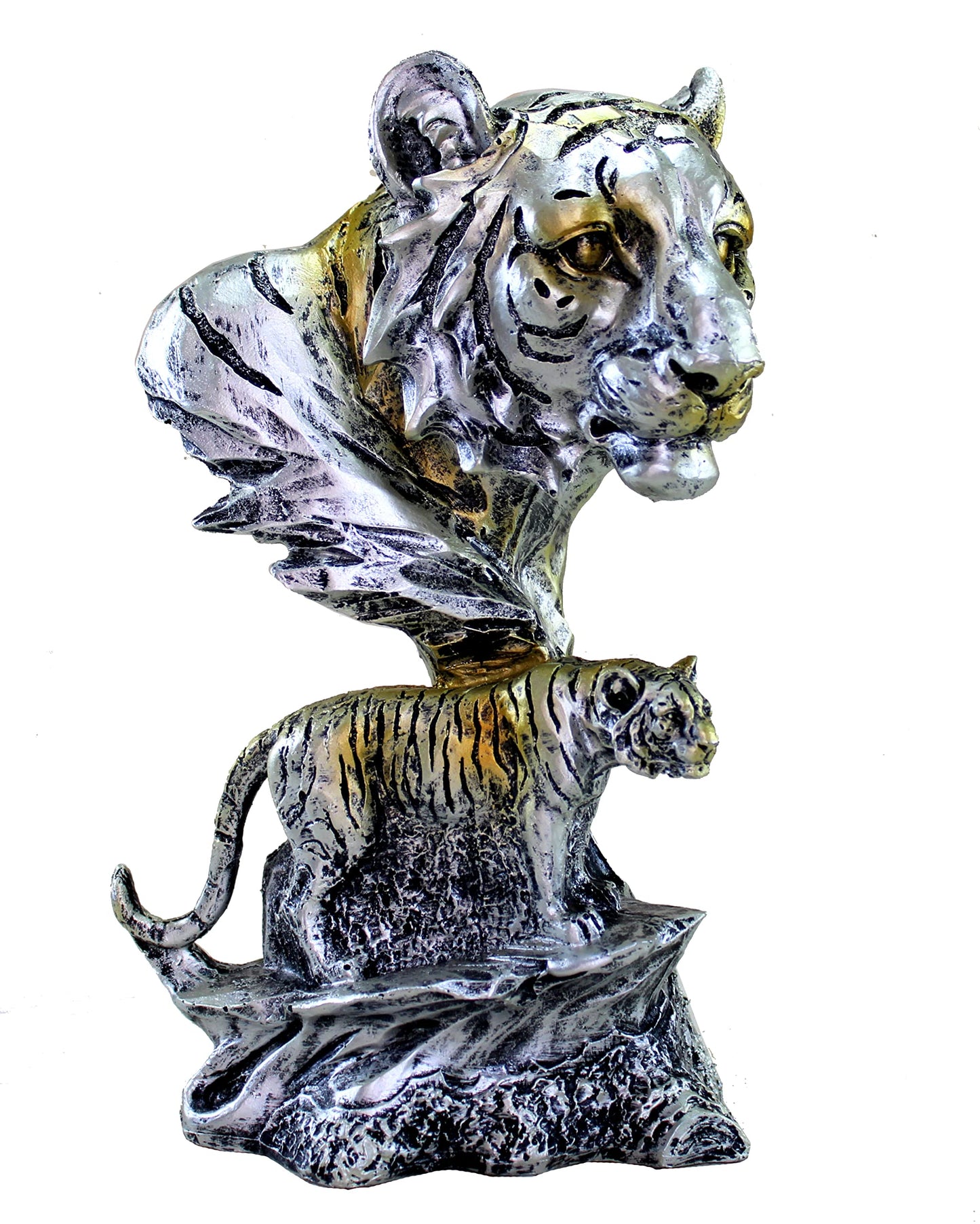 eSplanade Resin Tiger Face with Standing Tiger Sculpture Statue Figurine Showpiece | Statement Decorative Item Home Decor - Grey - 9" Inches