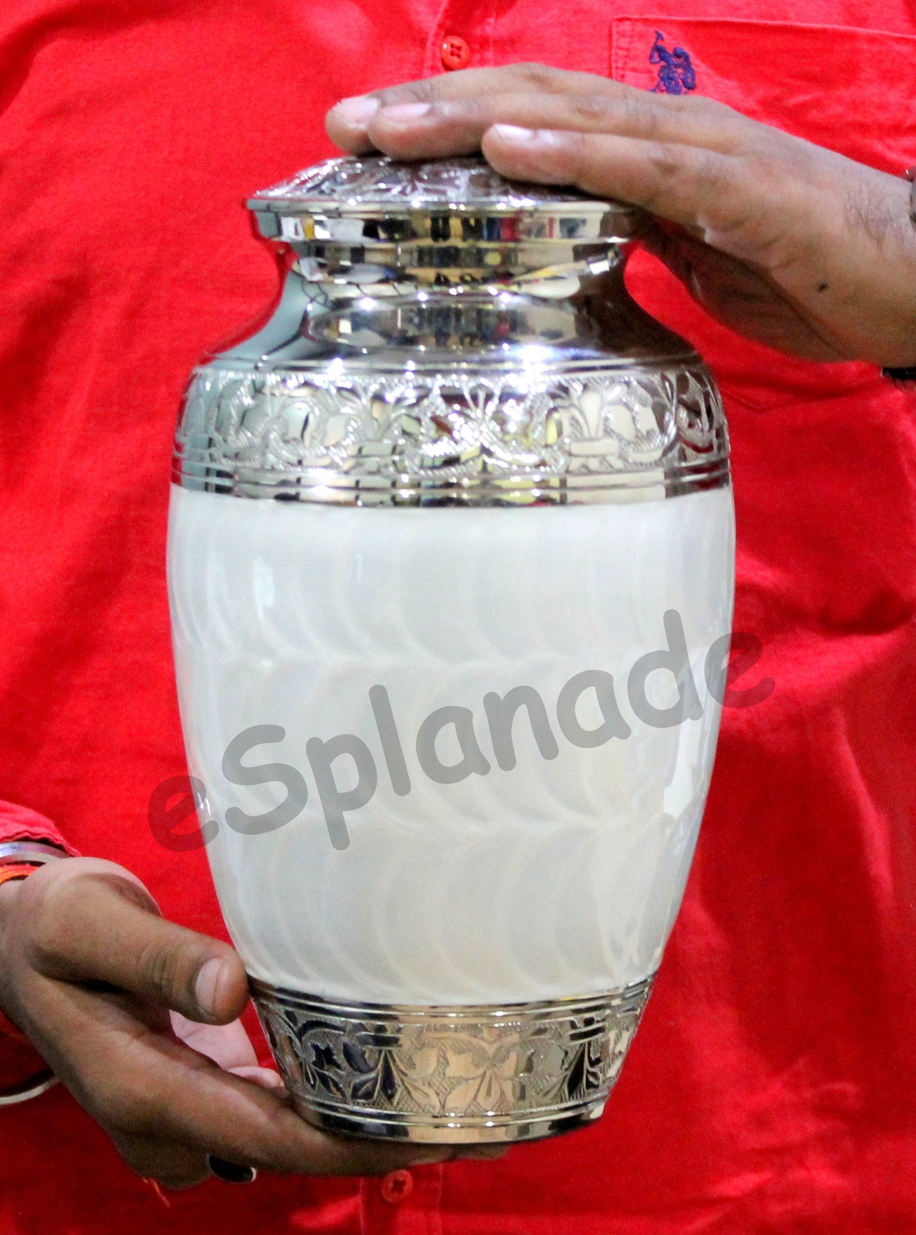 eSplanade Brass Cremation Urn Memorial Jar Pot Container | Full Size Urn for Funeral Ashes Burial | Meenakari Design Metal Urns | Blue - 10" Inches