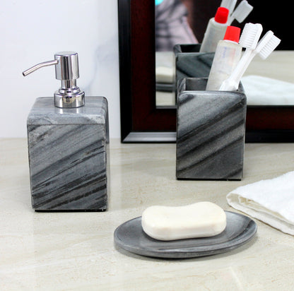 KLEO - Bathroom Accessory Set of 3 Made from Natural Stone - Bath Accessories Set Includes Soap / Lotion Dispenser, Toothbrush Holder, Soap Dish - White