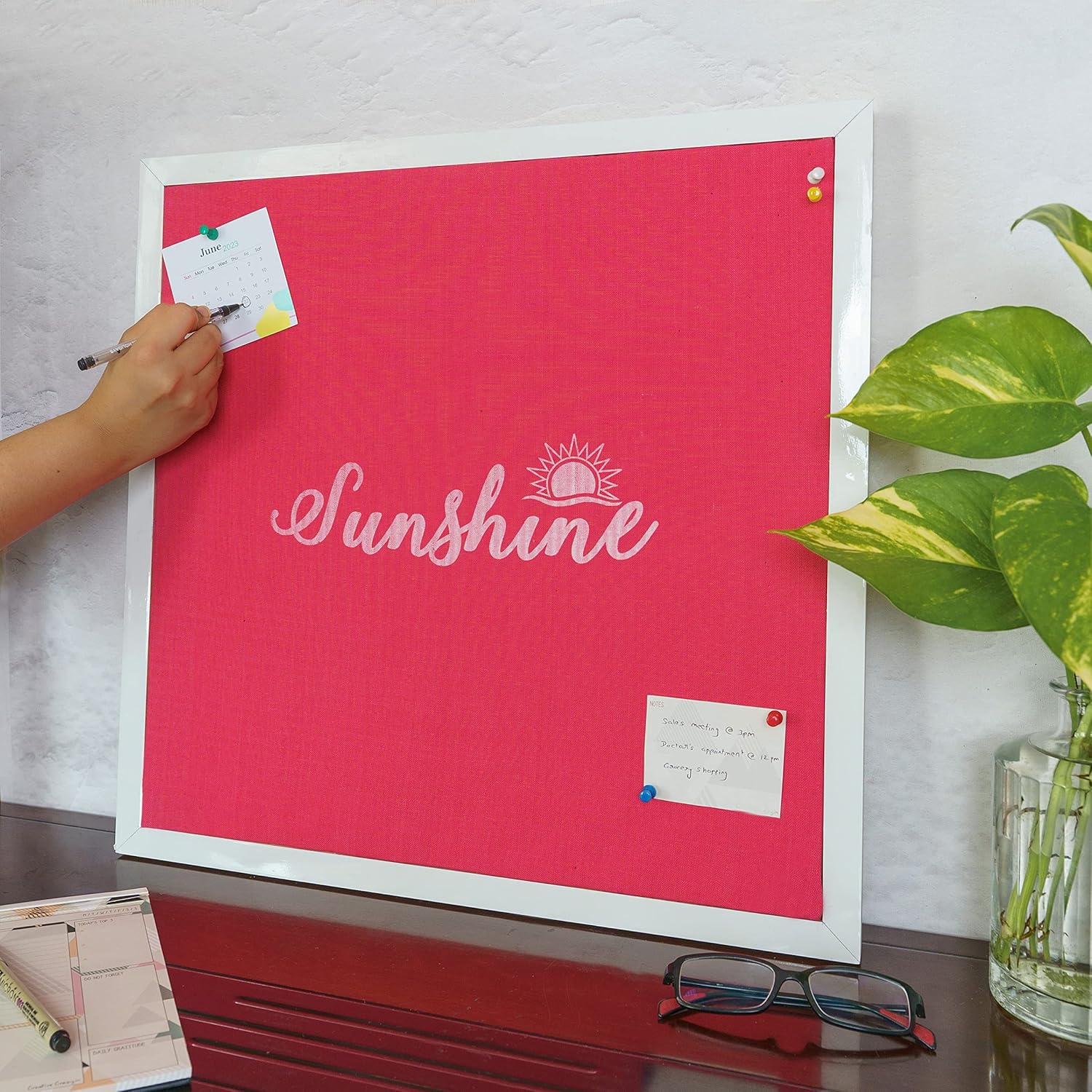 IVEI Framed Pink Linen Pin Board Bulletin Board for Wall Memory Memo with Wooden Frame |Hanging Board Picture Board for Home Office Decor, Cute Vision Board with Push Pin - Sunshine, Dream