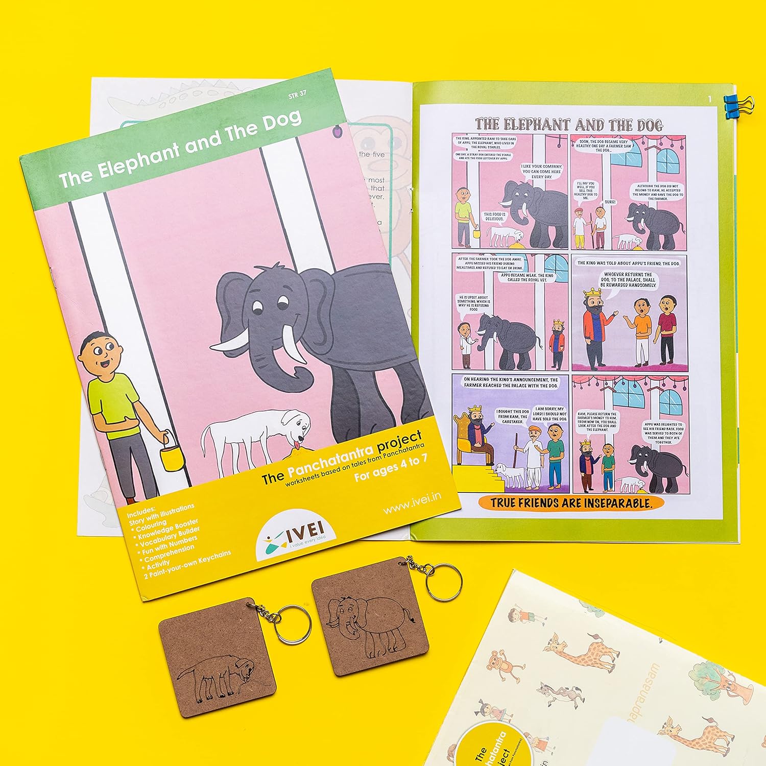 IVEI Panchatantra Story Kids Learning Book - Workbook and 2 DIY keychains - Colouring Activity Worksheets - Creative Fun Activity and Education For Kids - The Elephant and the Dog ( Age 4 to 7 Years )