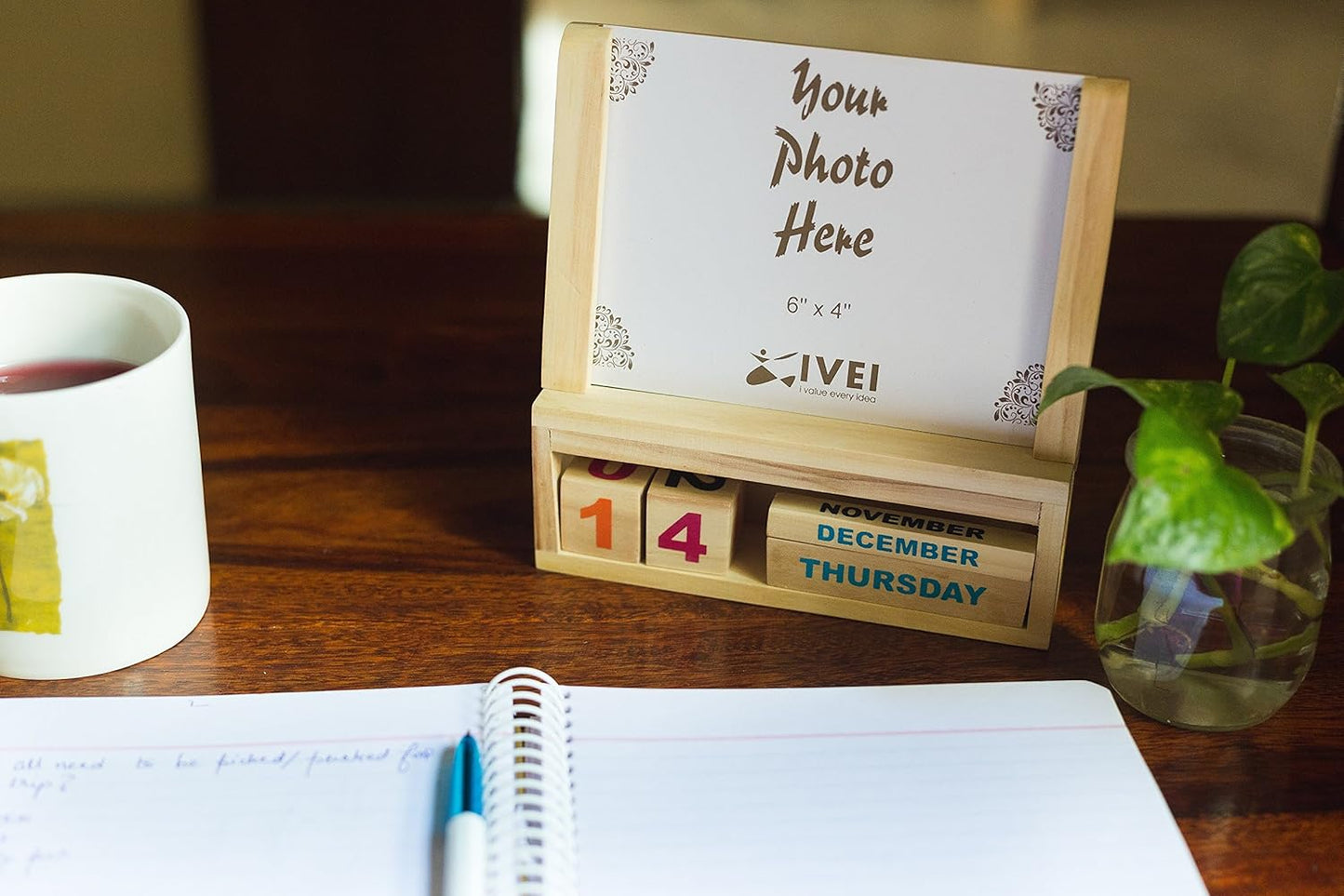 IVEI Generic Wooden Calendar With A Photo frame - handcrafted by rural artisans of India - - Innovative utility desk organizer - office products