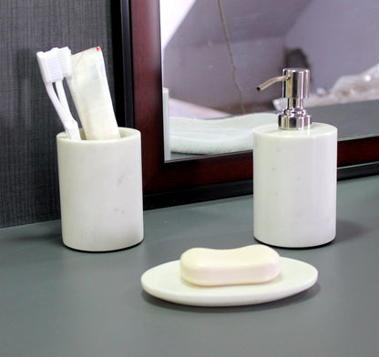 KLEO - Bathroom Accessory Set of 3 Made from Natural Stone - Bath Accessories Set Includes Soap / Lotion Dispenser, Toothbrush Holder, Soap Dish - White