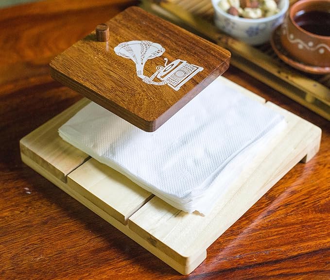 Esplanade Wooden Tissue Holder – Gramophone Print Tissue Paper Holder - Smart Napkin Holder - Antique Handcrafted Decorative Wooden Holder - Tissue Holder for Table Office and Home