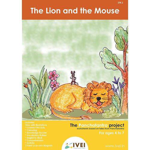 IVEI Panchatantra Kids Learning Book - Workbook and 2 DIY magnets of Panchatantra Story - Colouring Activity Worksheets - Creative Fun Activity and Education For Kids - The Lion and the Mouse ( Age 4 to 7 Years )