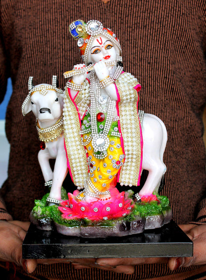 eSplanade Resin Lord Krishna with Cow Murti Idol Statue Sculpture (10")