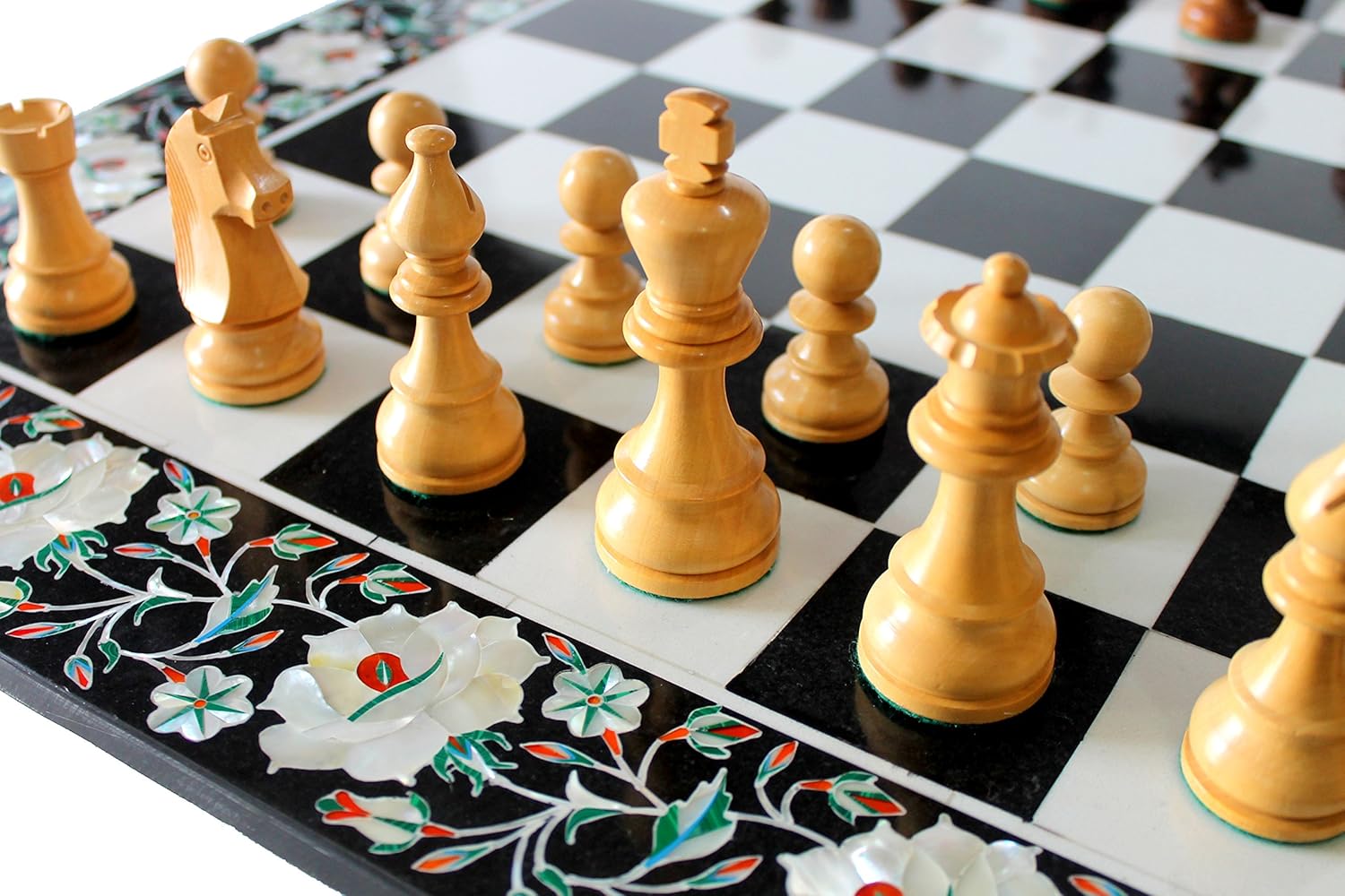 StonKraft Collectible Black & White Marble Stone Chess Board Set + Wood Crafted Pieces - Coffee Table Centre Table Top Without Stand - Pietra Dura Inlay Work - 24" Inches