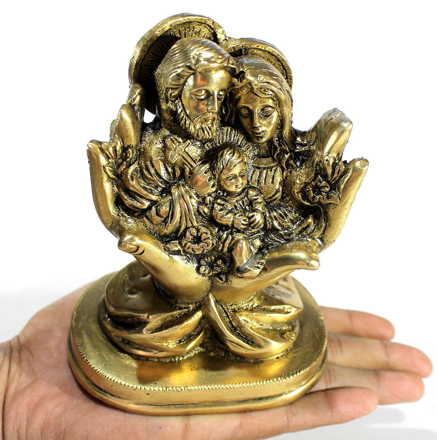 StonKraft - 5.5" Brass - Mary Joseph and Jesus Christ - Jesus Family in Hands - Idol Murti Statue Sculpture Figurine