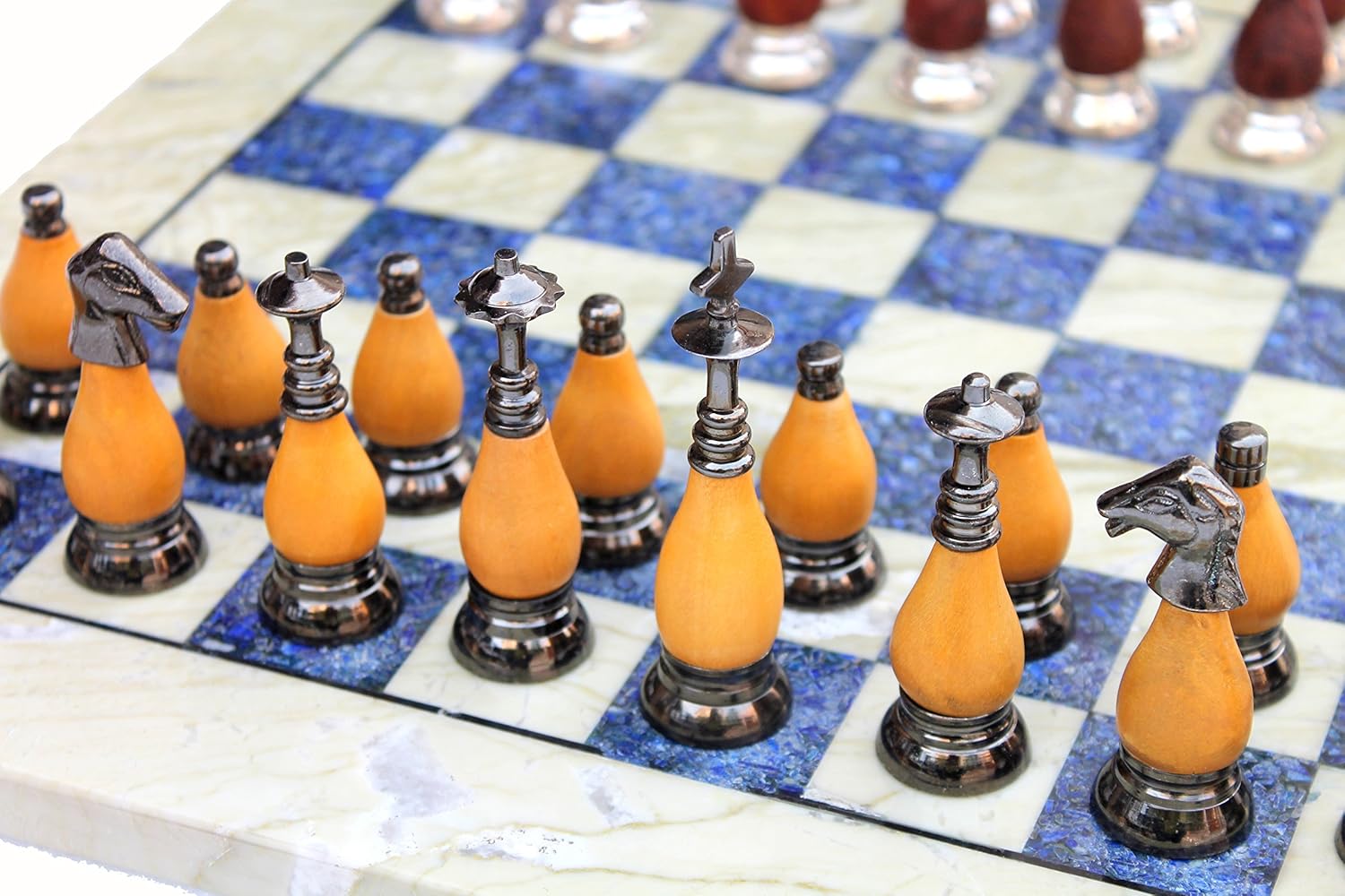 StonKraft Collectible Australian Marble and Lapis Lazuli Chess Board Set + Brass Chess Pieces Pawns - Decorative Stone Chess - 15" Inches