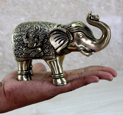 eSplanade Brass Elephant | Handmade Laxmi Ganesh Carving Maharaja Elephant Idol for Decoration (Brass/Elephant/3")