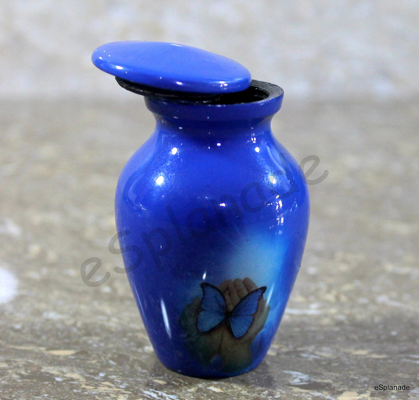 eSplanade Metal Mini Cremation Urn Keepsake Memorial Jar Pot Container |Small Urn for Funeral Ashes Burial | Butterfly in Hands Printed Keepsake | Blue - 3" Inches