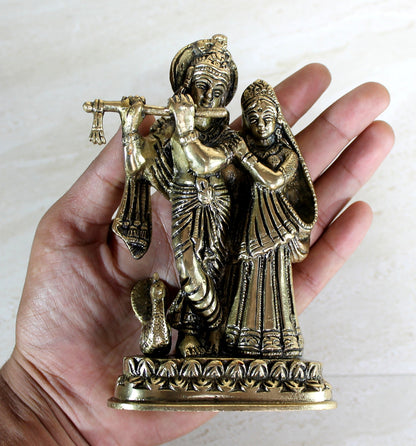 StonKraft - Radha Krishna Pair Murti Idol Statue Sculpture - Brass - 6" Inches - Antique