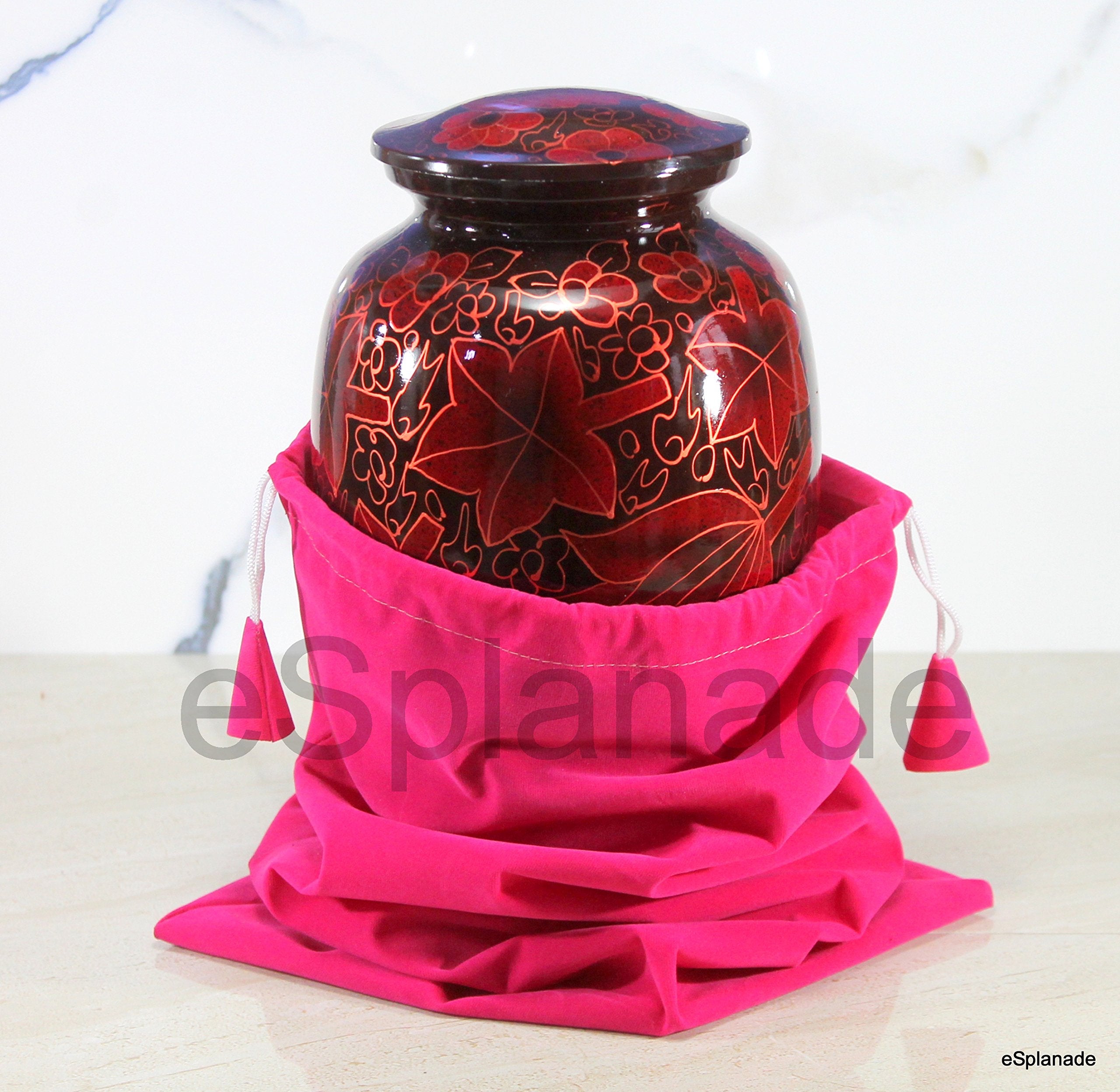 eSplanade Metal Cremation Urn Memorial Jar Pot Container | Full Size Round Shape Urn for Funeral Ashes Burial | Maple Leaves and Flowers Print | Brown - 8" Inches