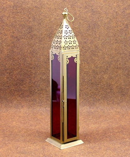 eSplanade Moroccan Lantern Hanging Lamp Tealight Candle Holder - Metal-Glass - Red-Golden - 17" Inches