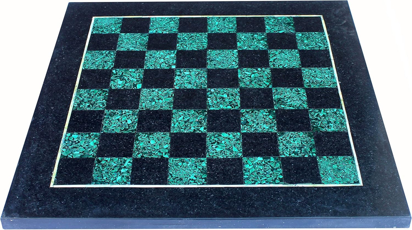 StonKraft Collectible Black Marble and Malachite Stone Chess Board Set + Brass Chess Pieces Pawns - Decorative Stone Chess - Home DŽcor - 15" Inches