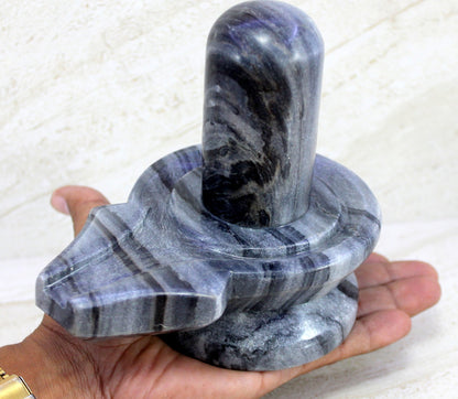 KLEO Baahubali Design Big Size (5.25") Grey/Black Natural Stone Shiva Lingam Shiv Ling Idol Murti for Daily Pooja Purpose