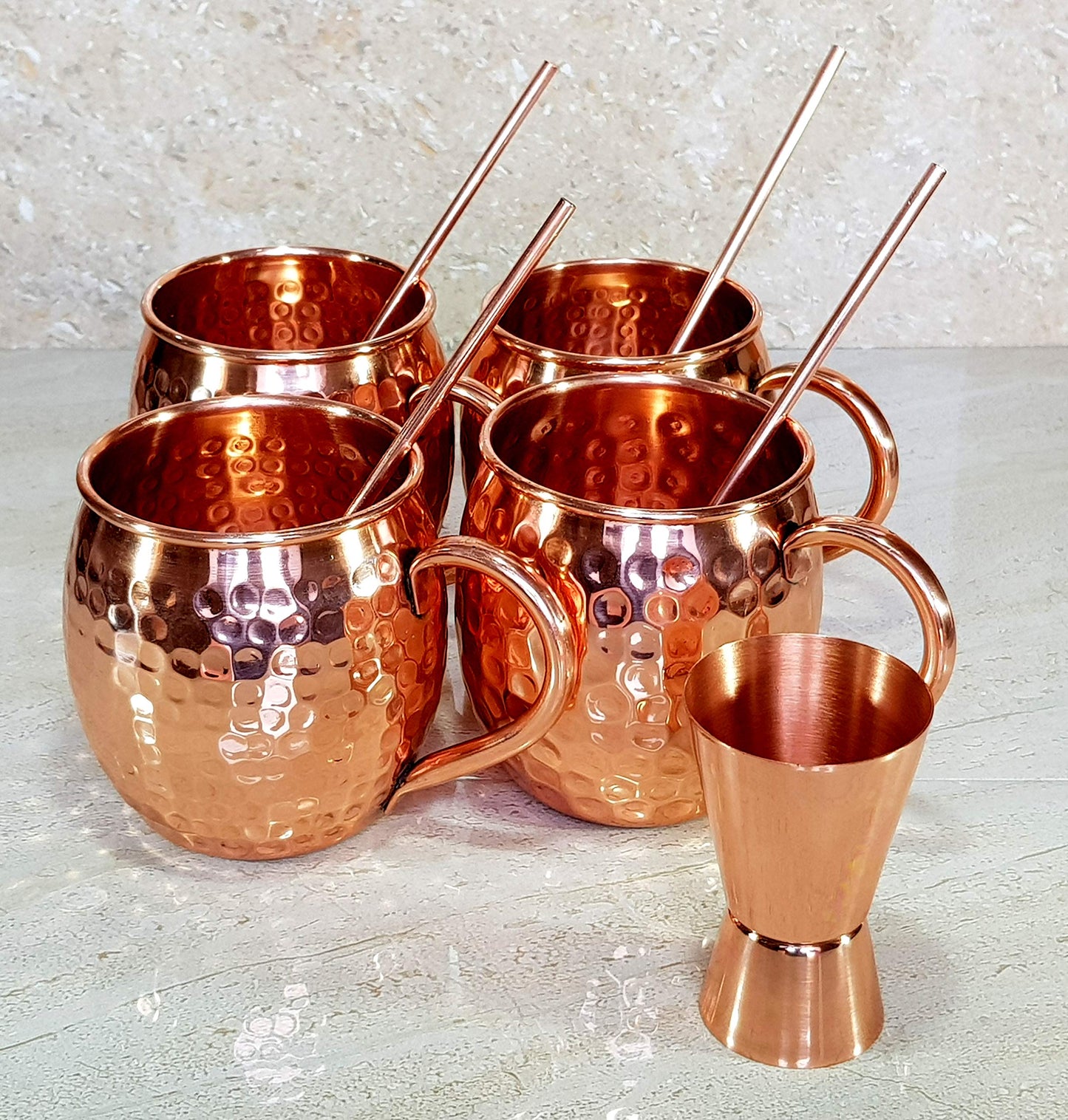 eSplanade Moscow Mule Cocktail Copper Mugs - Set of 4 Mugs, 4 Copper Straws, and a Peg Measurer (HAMMERED BRASS HANDLE)