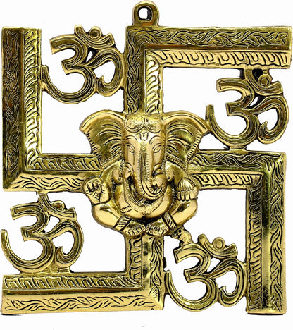 eSplanade Brass OM Aum Swastik Sathiya and Ganesha Ganesh Wall Hanging Yantra - 8.5" Inches (Big Size)