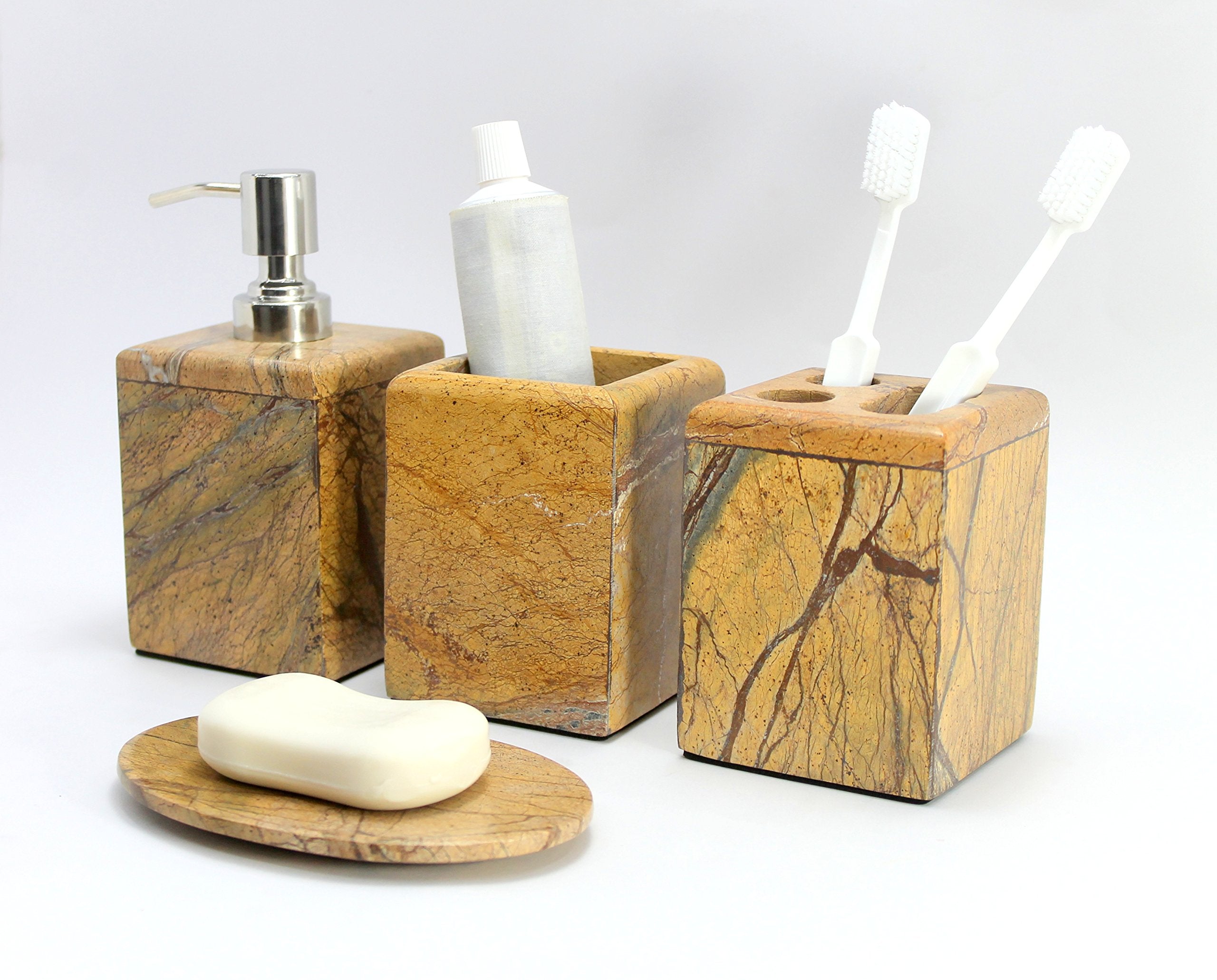 KLEO - Bathroom Accessory Set Made from Natural Stone - Bath Accessories Set of 4 Includes Soap Dispenser, Toothbrush Holder, Tumbler and Soap Dish (Black, Brown)