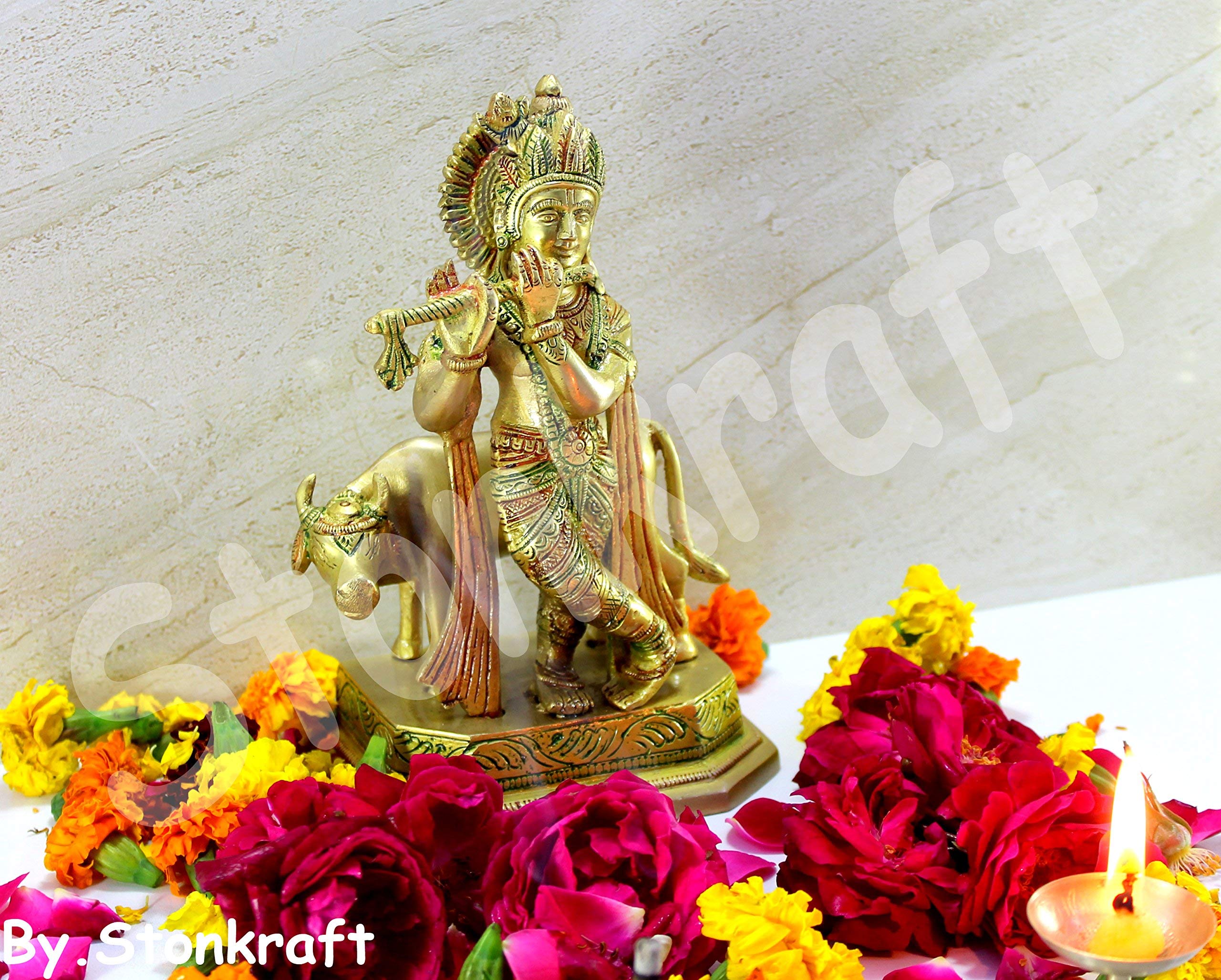 StonKraft Brass Krishna Laddoo Gopal Kanha Makhan Chor Statue Idol Murti Sculpture