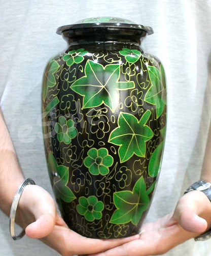 eSplanade Metal Cremation Urn Memorial Jar Pot Container | Full Size Urn for Funeral Ashes Burial | Maple Leaf Print | Green - 10" Inches