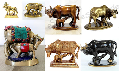 eSplanade Brass Holy Kamdhenu Cow and Calf Sculpture | Holy Cow Brass Idol Beautiful Lucky (Carved Cow)