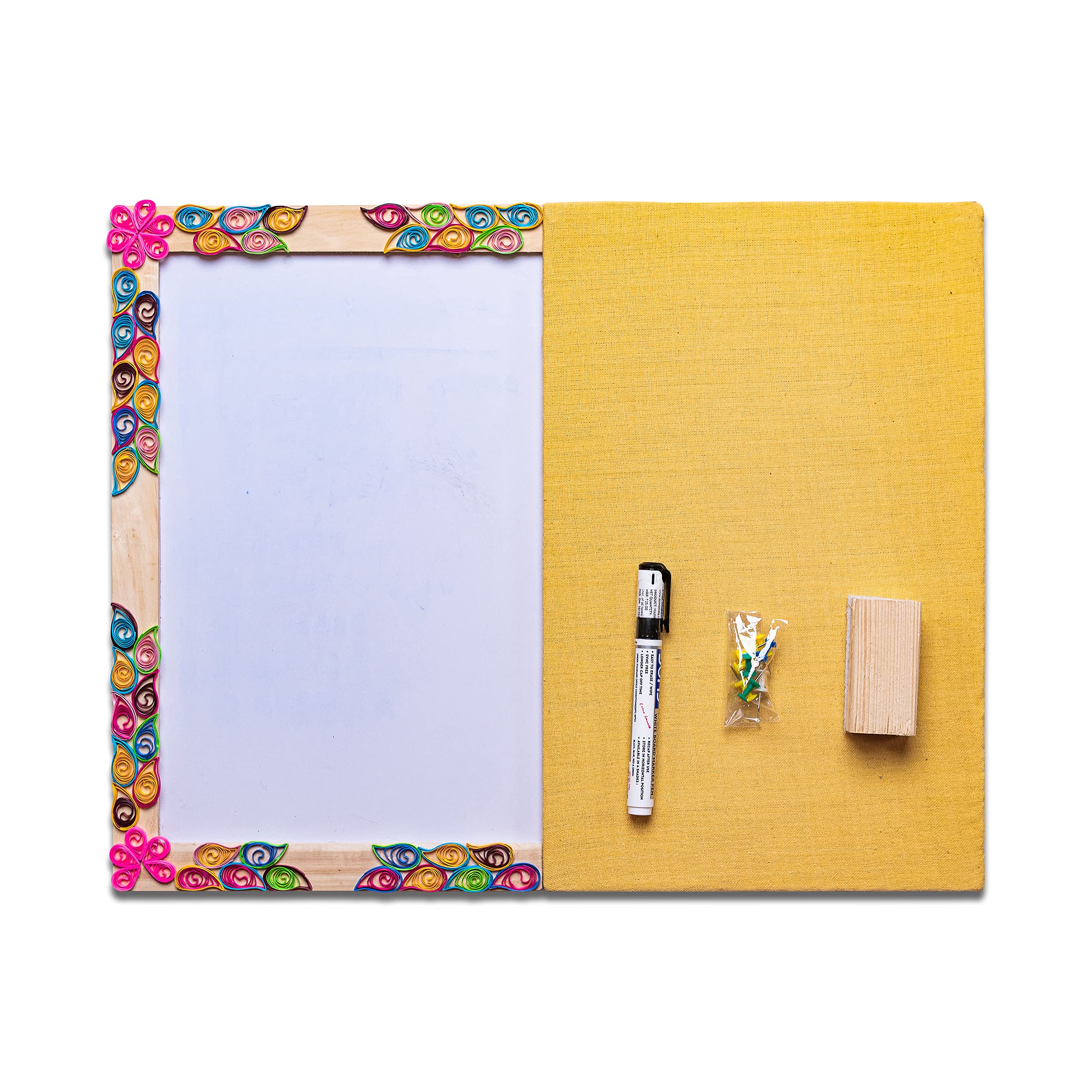 IVEI Yellow pin Board and whiteboard Combination - Dry Erase Board - Bulletin Board - Innovative Organizer - Writing Board for Adults - Paper Quilling on a Wooden Frame