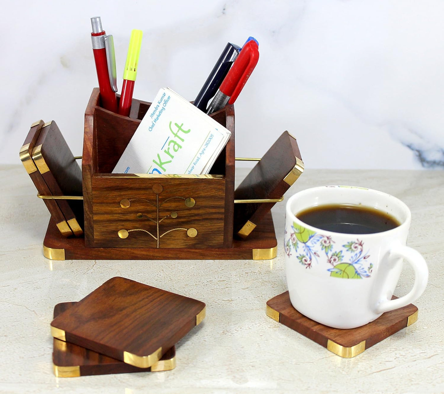 Stonkraft Wooden Rosewood Desk Organizer, Coasters Set, Pen Stand, Business Card Holder with Brass Work (Office Table Accessories)