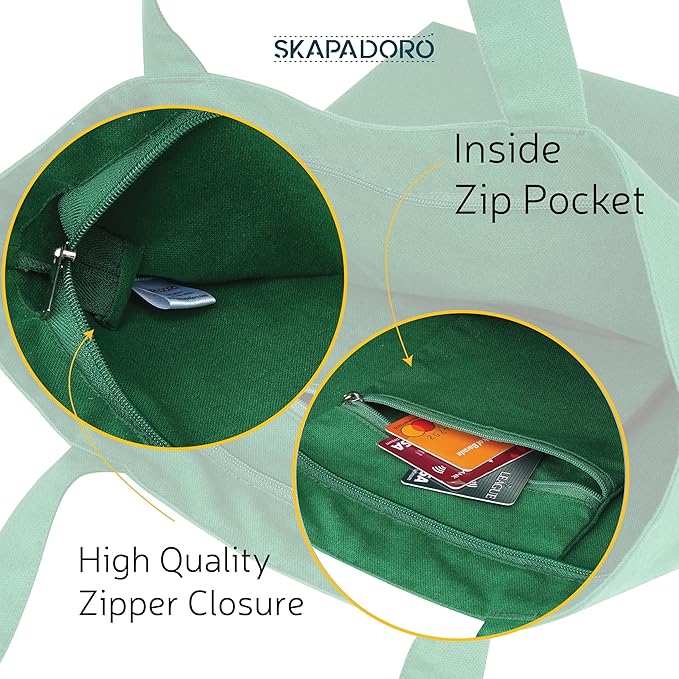 SKAPADORO Canvas Big Zip Printed Handbag Tote,100% Cotton, Inner pocket, Ecofriendly Bag for Women, Travel College Beach Shopping, Easy to Wash Everyday Shoulder Bag - Quirky Desi Graphic Designs