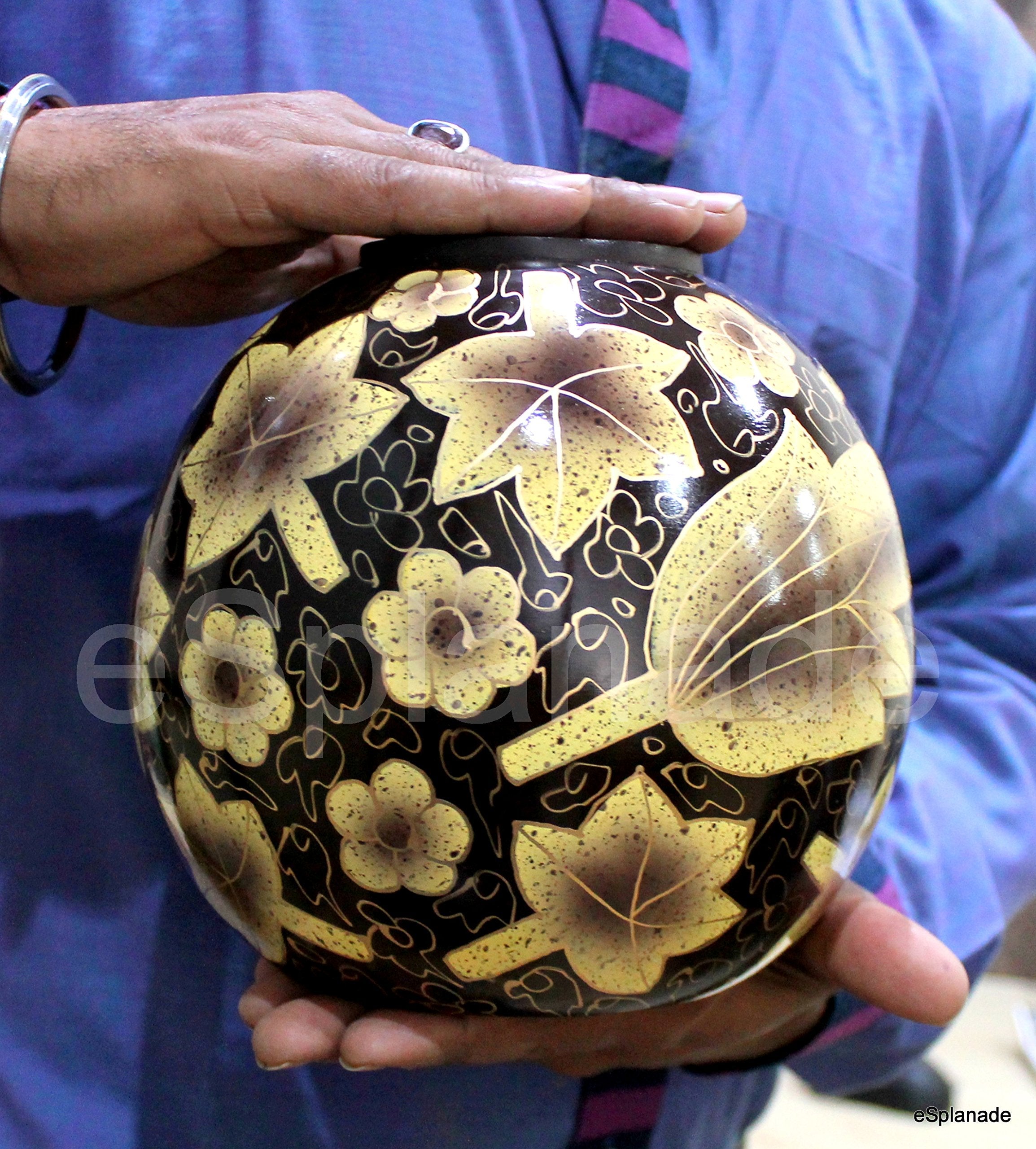 eSplanade Metal Cremation Urn Memorial Jar Pot Container | Full Size Round Shape Urn for Funeral Ashes Burial | Maple Leaves and Flowers Print | Brown - 8" Inches