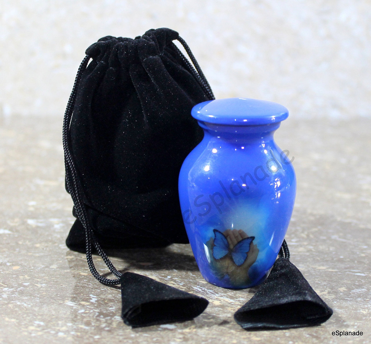 eSplanade Metal Mini Cremation Urn Keepsake Memorial Jar Pot Container |Small Urn for Funeral Ashes Burial | Butterfly in Hands Printed Keepsake | Blue - 3" Inches