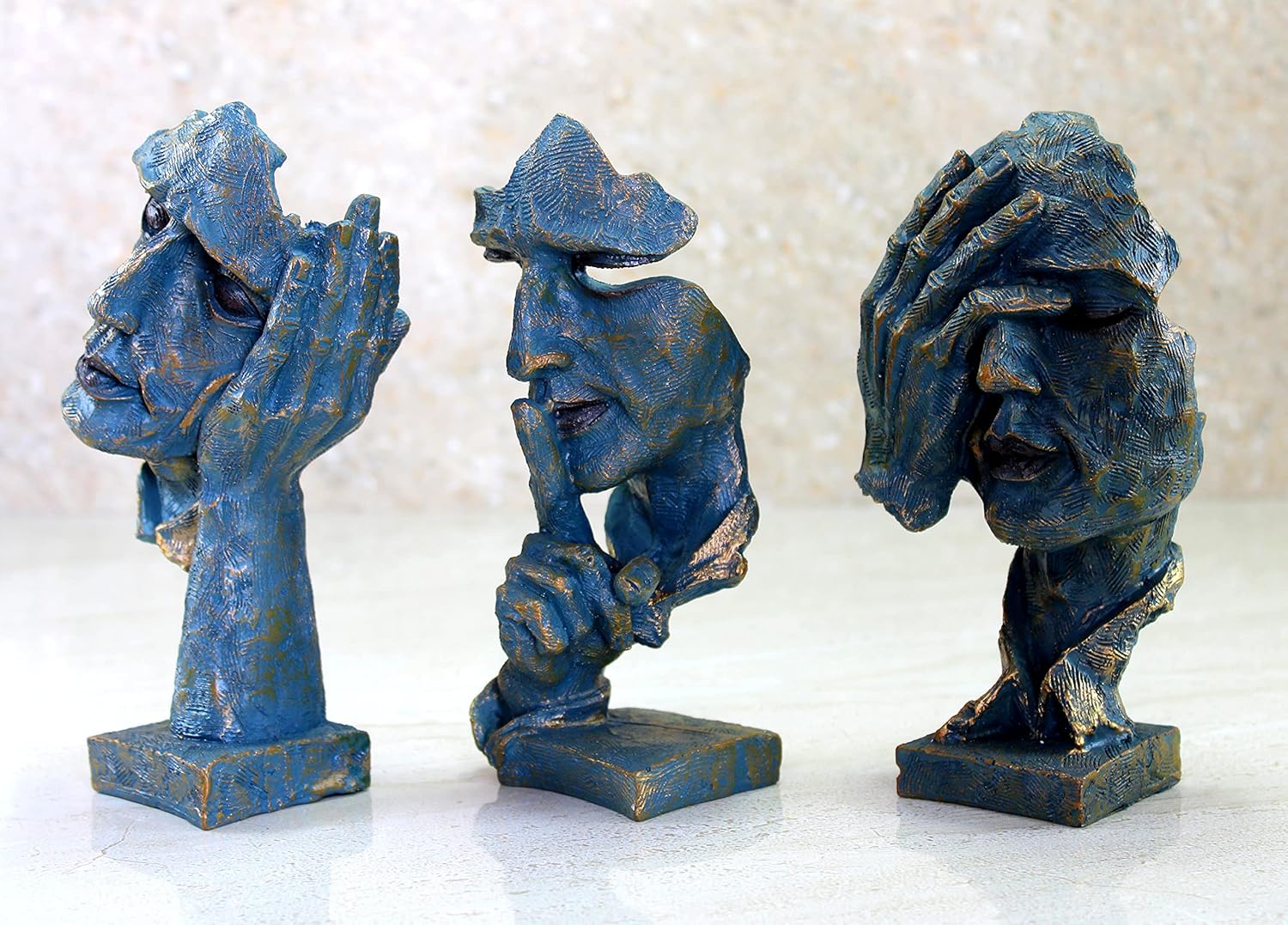 eSplanade Resin Human Faces - Zen Sculpture Showpiece | See No Evil, Hear No Evil, Speak No Evil | Face Expressions Statement Pieces | Home Decor | Set of 3 - Black-Golden - 8.5" Inches (Blue)