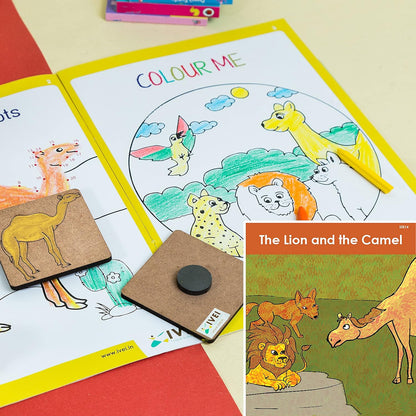 IVEI Panchatantra Kids Learning Book-Workbook and 2 DIY Magnets of Panchatantra Story-Colouring Activity Worksheets-Creative Activity and Education for Kids-The Lion and The Camel(Age 4 to 7 Years)