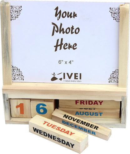 IVEI Generic Wooden Calendar With A Photo frame - handcrafted by rural artisans of India - - Innovative utility desk organizer - office products