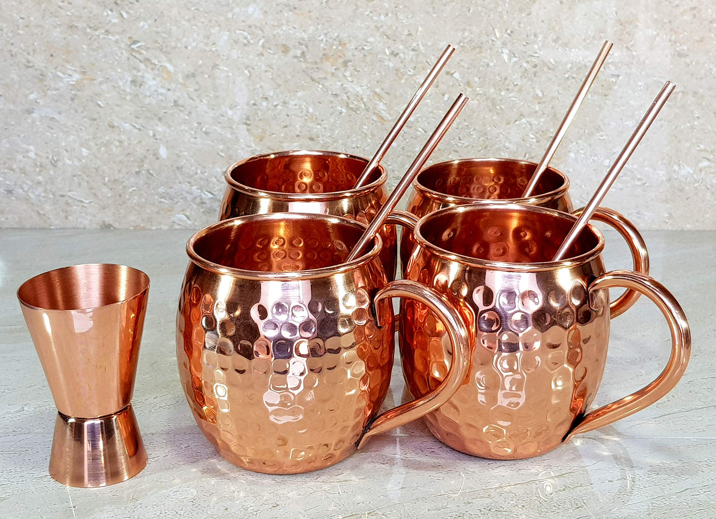 eSplanade Moscow Mule Cocktail Copper Mugs - Set of 4 Mugs, 4 Copper Straws, and a Peg Measurer (HAMMERED BRASS HANDLE)