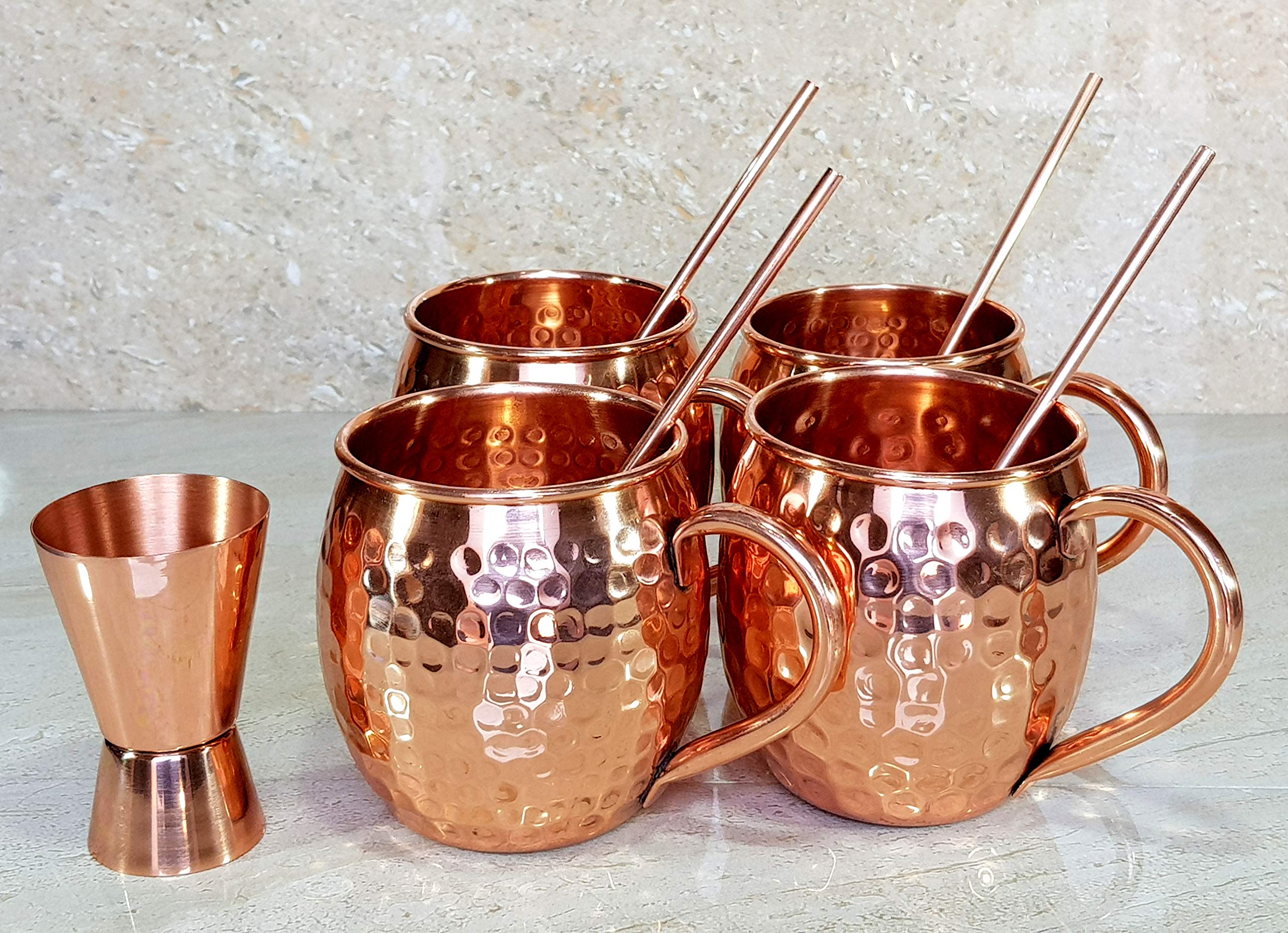 eSplanade Moscow Mule Cocktail Copper Mugs - Set of 4 Mugs, 4 Copper Straws, and a Peg Measurer