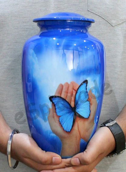 eSplanade Metal Cremation Urn Memorial Jar Pot Container | Full Size Urn for Funeral Ashes Burial | Colorful Butterflies Print | White - 10" Inches