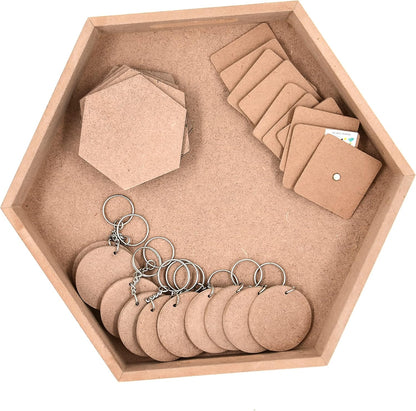 IVEI DIY MDF Hexagon Tray Pack with 6 Coasters, 10 Square Magnets, 10 Circle Keychain