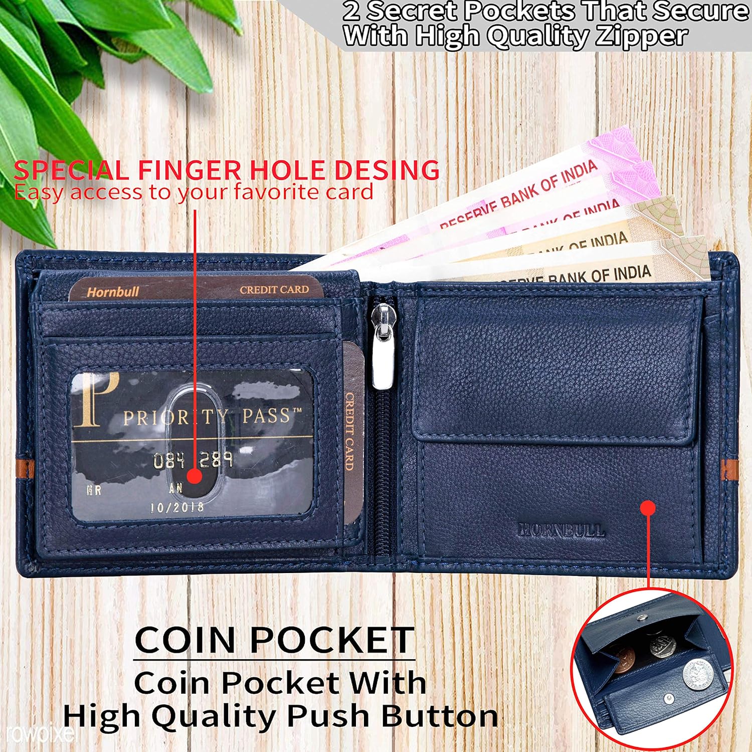 HORNBULL Denial Navy Mens Leather Wallet | Leather Wallet for Mens & Valentine Gift Hamper | Branded Mens Wallet