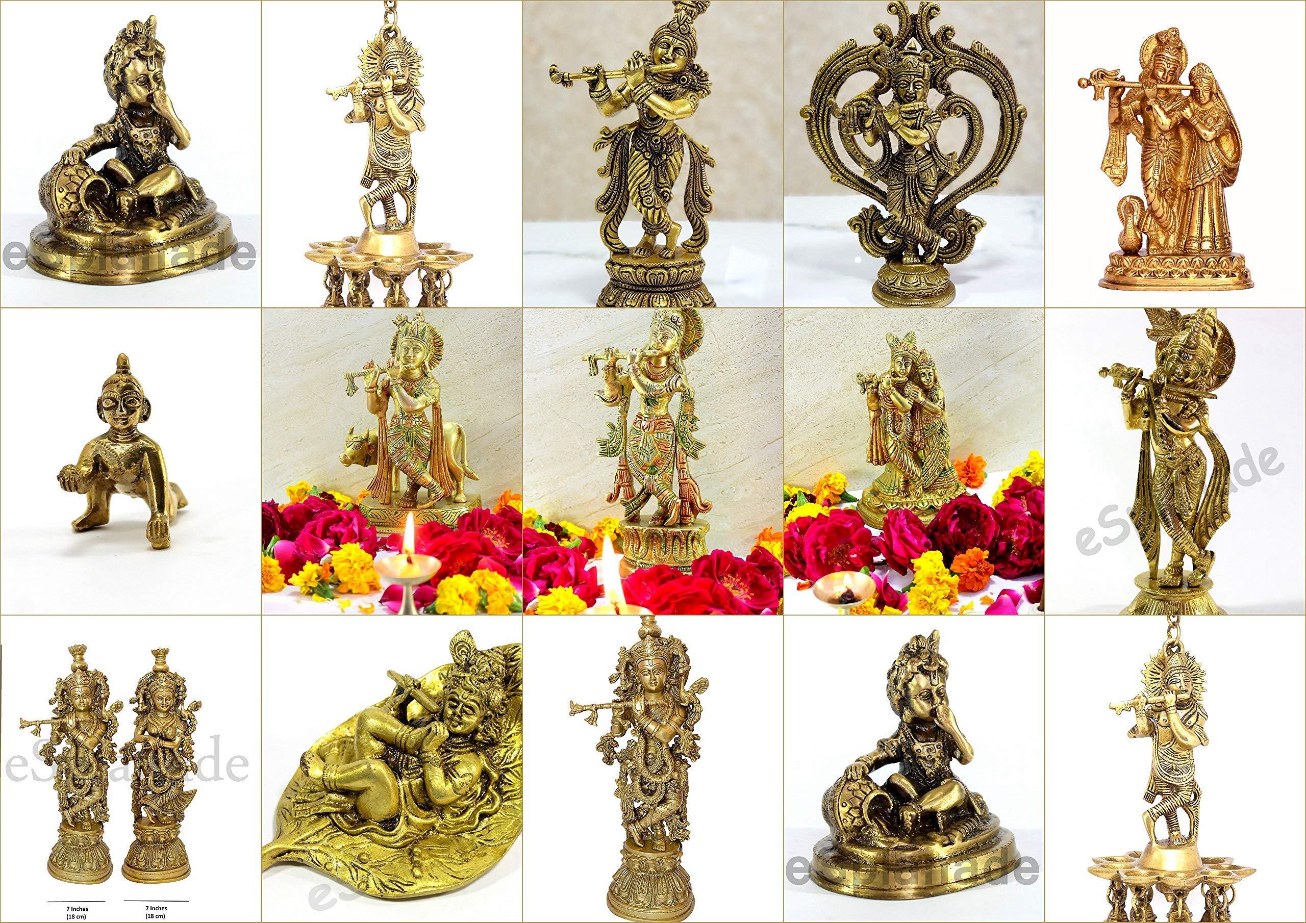 StonKraft - Lord Krishna Kishan Kanha with Kamdhenu Cow Murti Idol Statue Sculpture - Brass - 8" & 9" - Multicolor