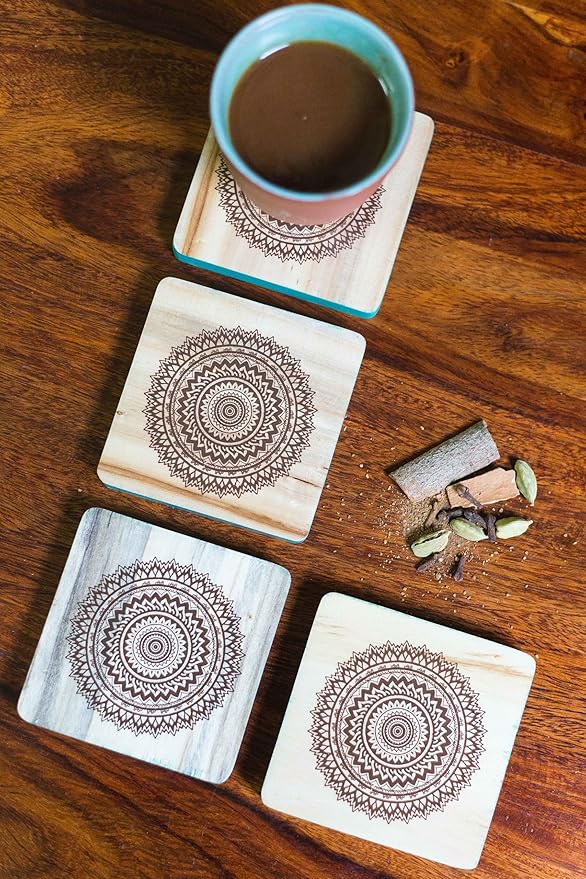 Esplanade Wooden Coasters Mandala Print - Teak Wood Table Coaster - Reversible Animal Design Set for Home Kitchen, Office Desk - for Tea or Coffee Cups - Table Top Coasters - Set of 4